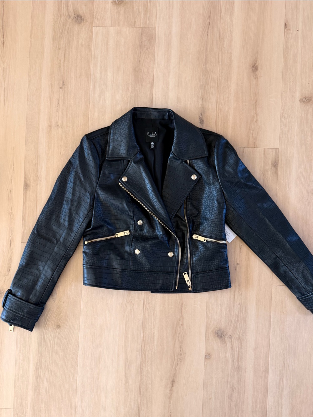 Ella Rafaella Black Croc-Embossed Moto Jacket with Gold Hardware